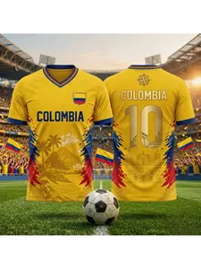 2026 Summer Colombia Theme 3D Print Soccer Jersey, Round Neck Short Sleeve T-Shirt, Breathable Men's Sports Top, All Seasons