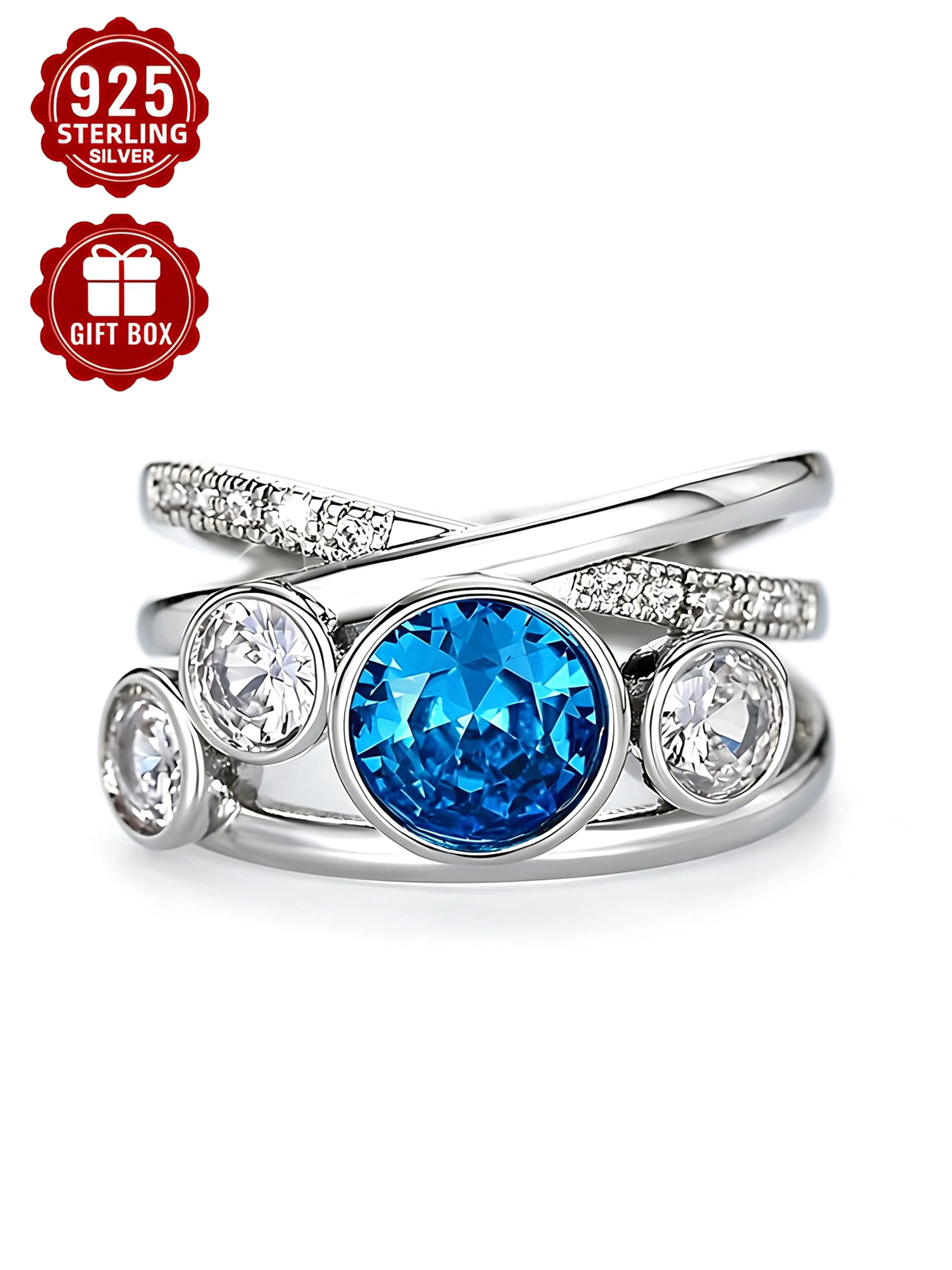 925 Sterling Silver Ring, Fashion Line Design, Cubic Zirconia Inlay, Sizes 7-11, Women's Daily Wear, Gift Box Included