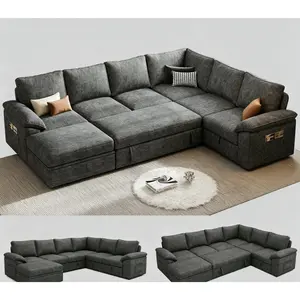 [3-4 Packages]108 Inch Sectional Sleeper Sofa with Pull Out Bed, U Shaped 5/7 Seat Modular Sectional Sofa with Storage, Sectional Couches for Living Room, Cloud Modular Couch, Removable Sofa Cover # daybed