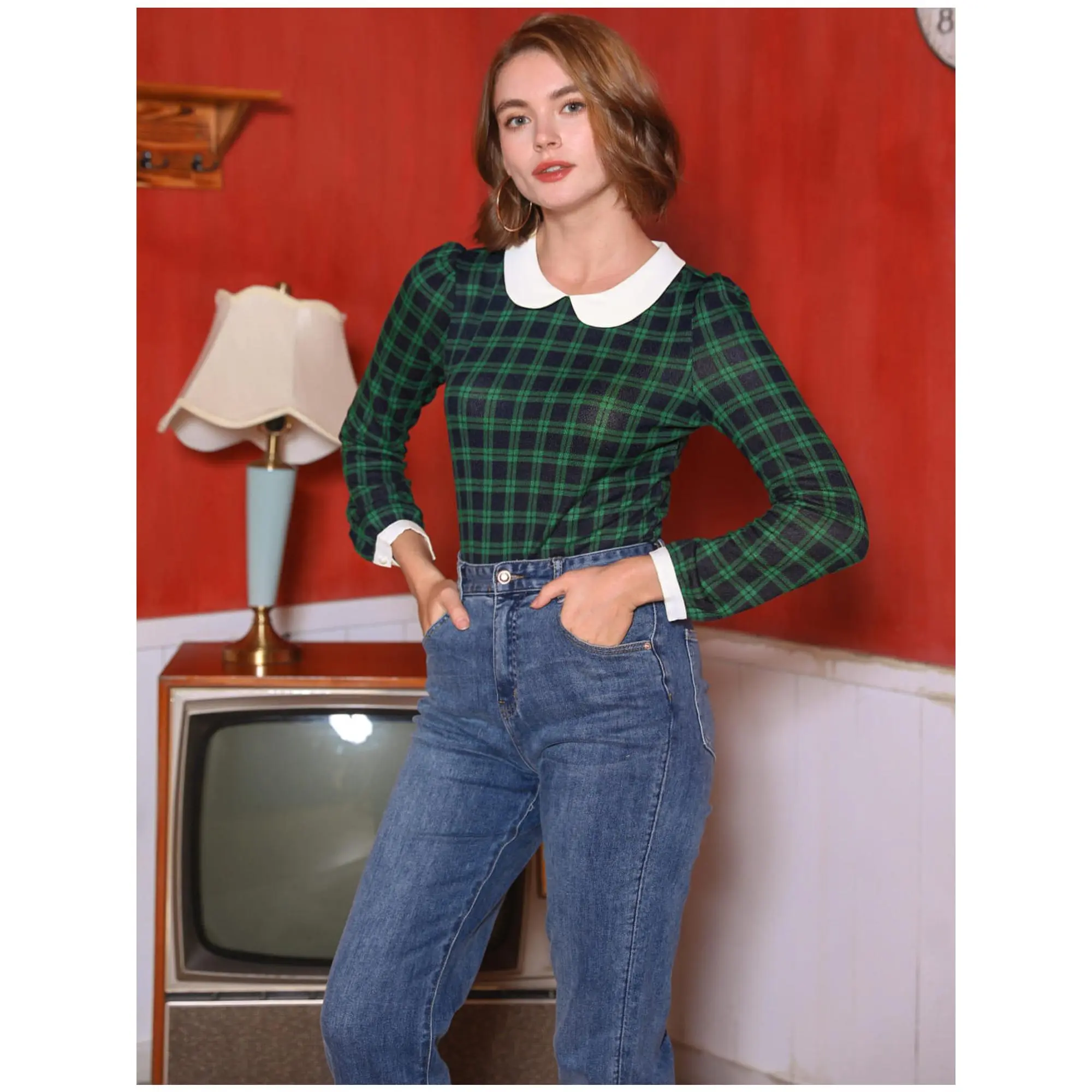 Women's Contrast Collar Contrast Puff Sleeve Christmas Xmas Party Shirt Blouse