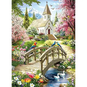 Puzzles for Adults 500 Pieces,Charming Lakeside Church Puzzle for Adults,Beautiful Flower & Parrot Jigsaw Puzzles for Seniors,Puzzles for Family Game Nights & Holiday Party Gifts