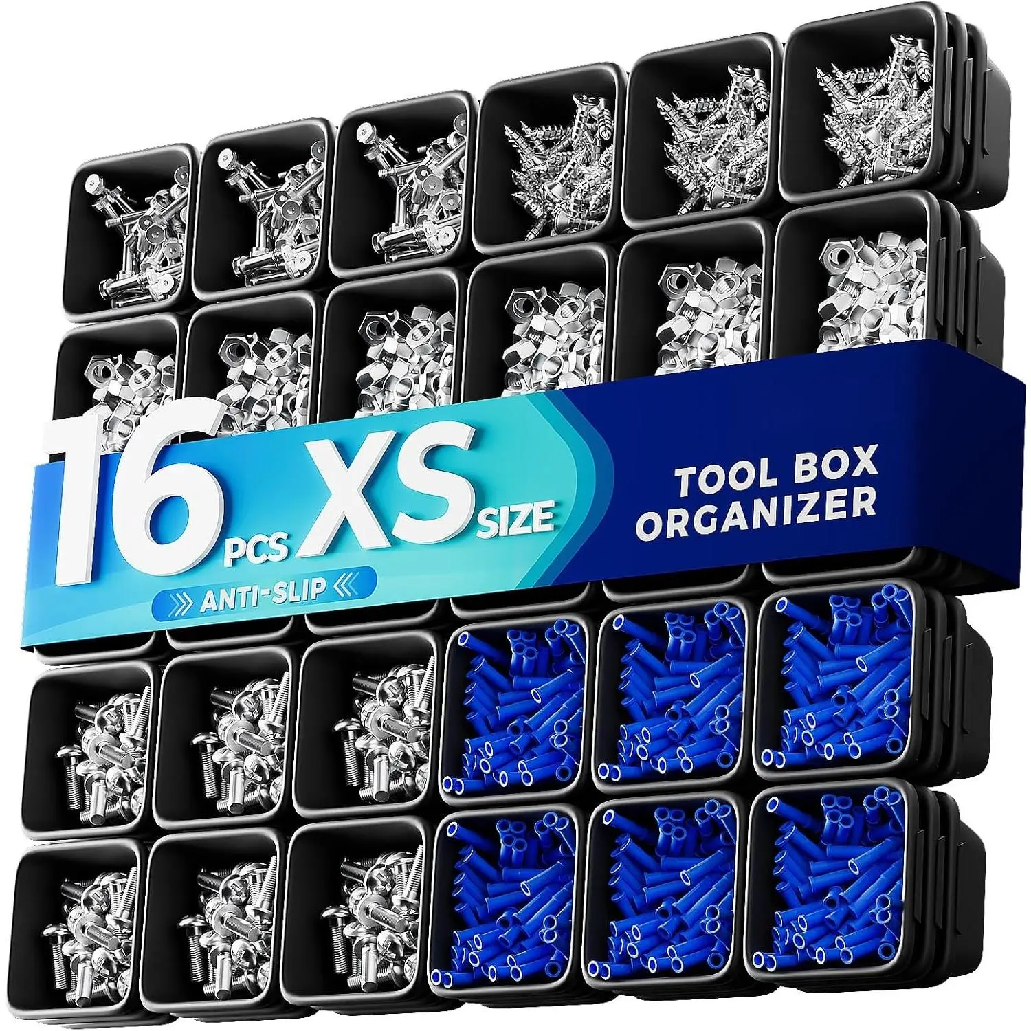 16 count Extra Small  Organizer Trays for Nuts, , Screws, Washers and Electrical Connectors, Desk Drawer Organzier Bins for Toolbox, Hardware Cabinet and Workbench (XS_16pcs_Black)