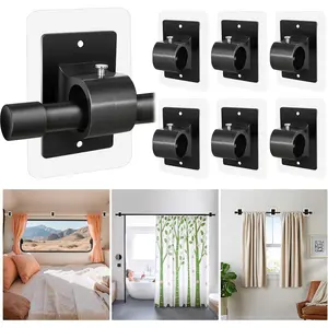 6PCS No Drill Self Adhesive Curtain Rod Brackets, Renter Friendly Nail Free Adjustable Non Screw Drapery Rod Holder for Apartment Window Wall Door Ceiling Mount
