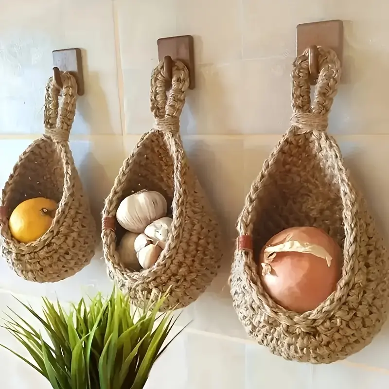 3pcs Bohemian style wall hanging basket, a small and cute kitchen fruit and vegetable storage basket, suitable for garlic and onion, home and dining decoration, Shelf Baskets