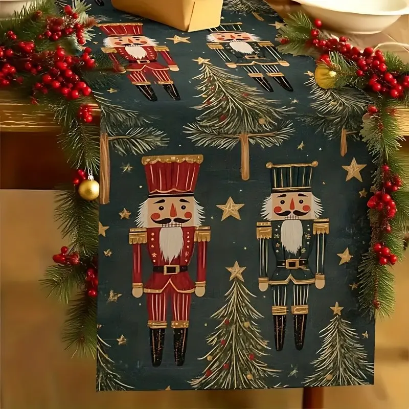 Christmas Table Runner with Nutcracker Soldier, Bavarian Style Festival Decor, Durable Polyester, Easy Clean, Deep Blue/