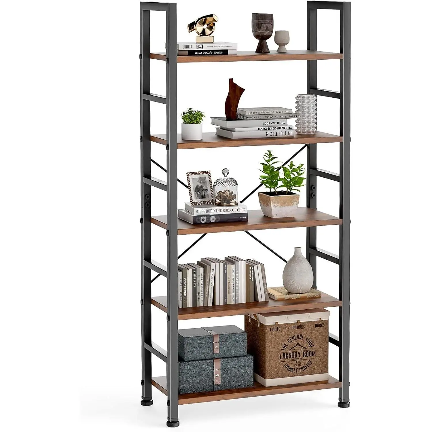 5 Tiers Bookshelf, Classical Modern Book Shelf, Tall Display Shelves in Living Room/Home/Office, Storage Organizer for CDs/Books/Movies, Rustic Brown