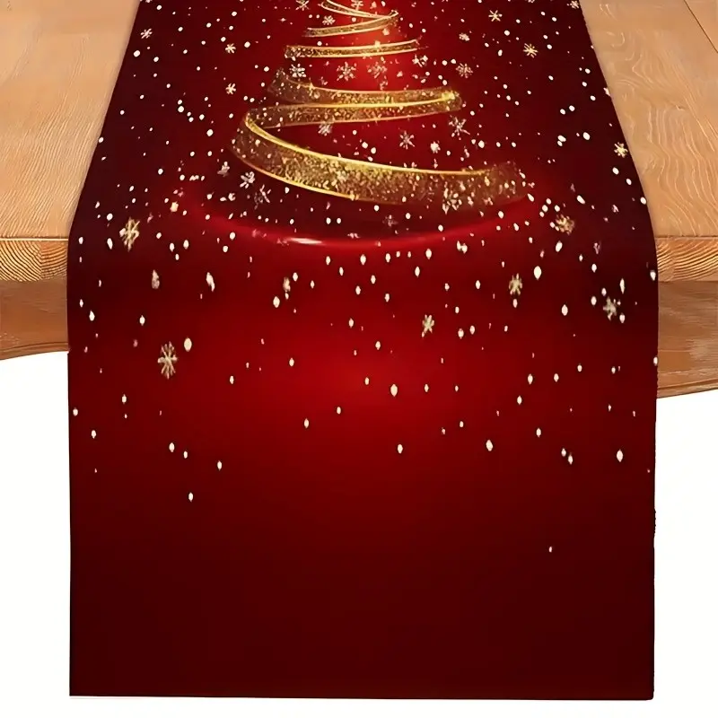 Christmas Table Runner, Glitter Gold Tree Snowflake Design, Durable Polyester Kitchen Decor, Elegant Seasonal Style, High-Quality Fabric