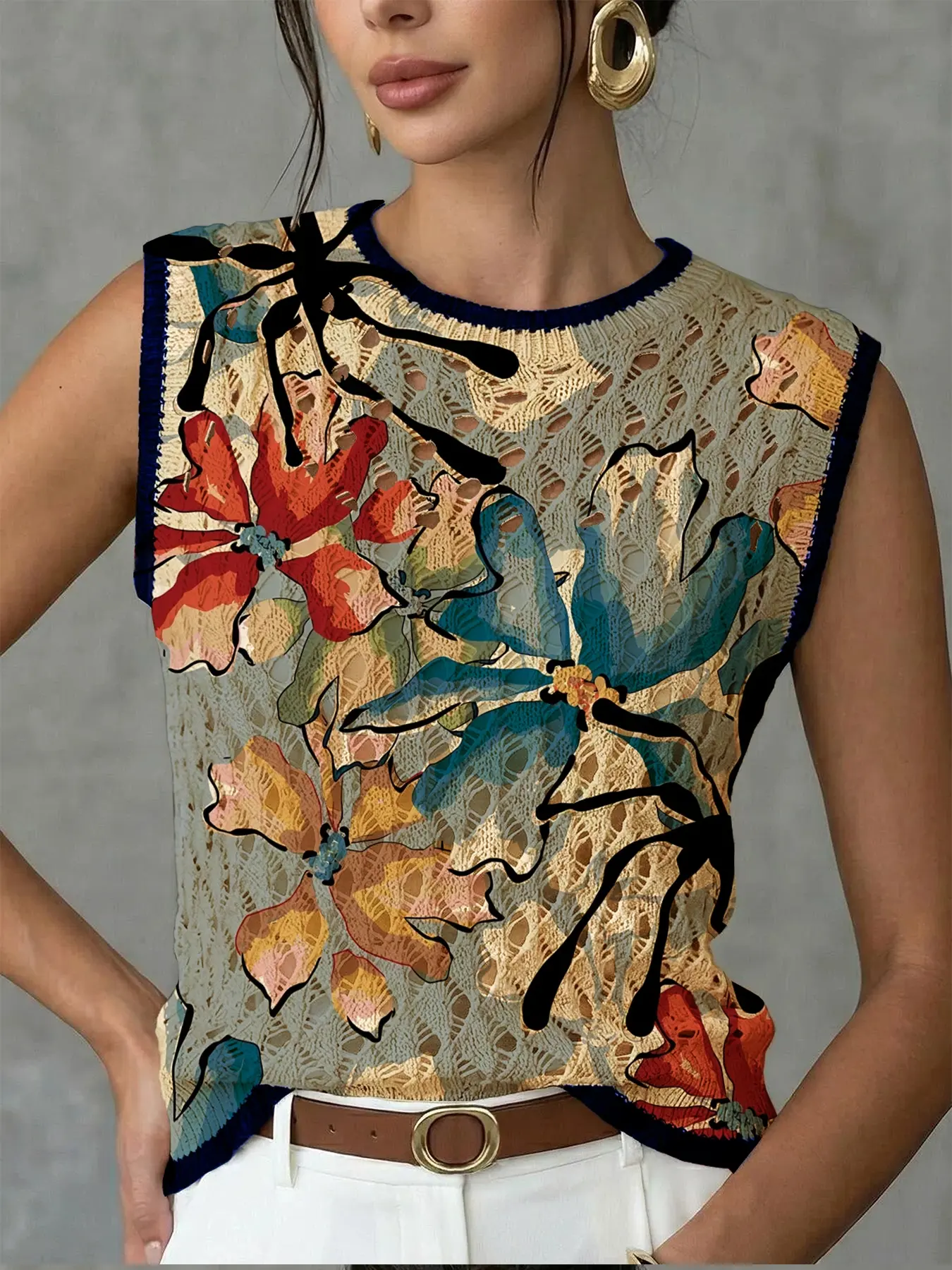 Women's Elegant Floral Print Round Neck Sweater Vest, Casual Sleeveless Knit Top, Breathable Summer Clothing, Hollow Out Design