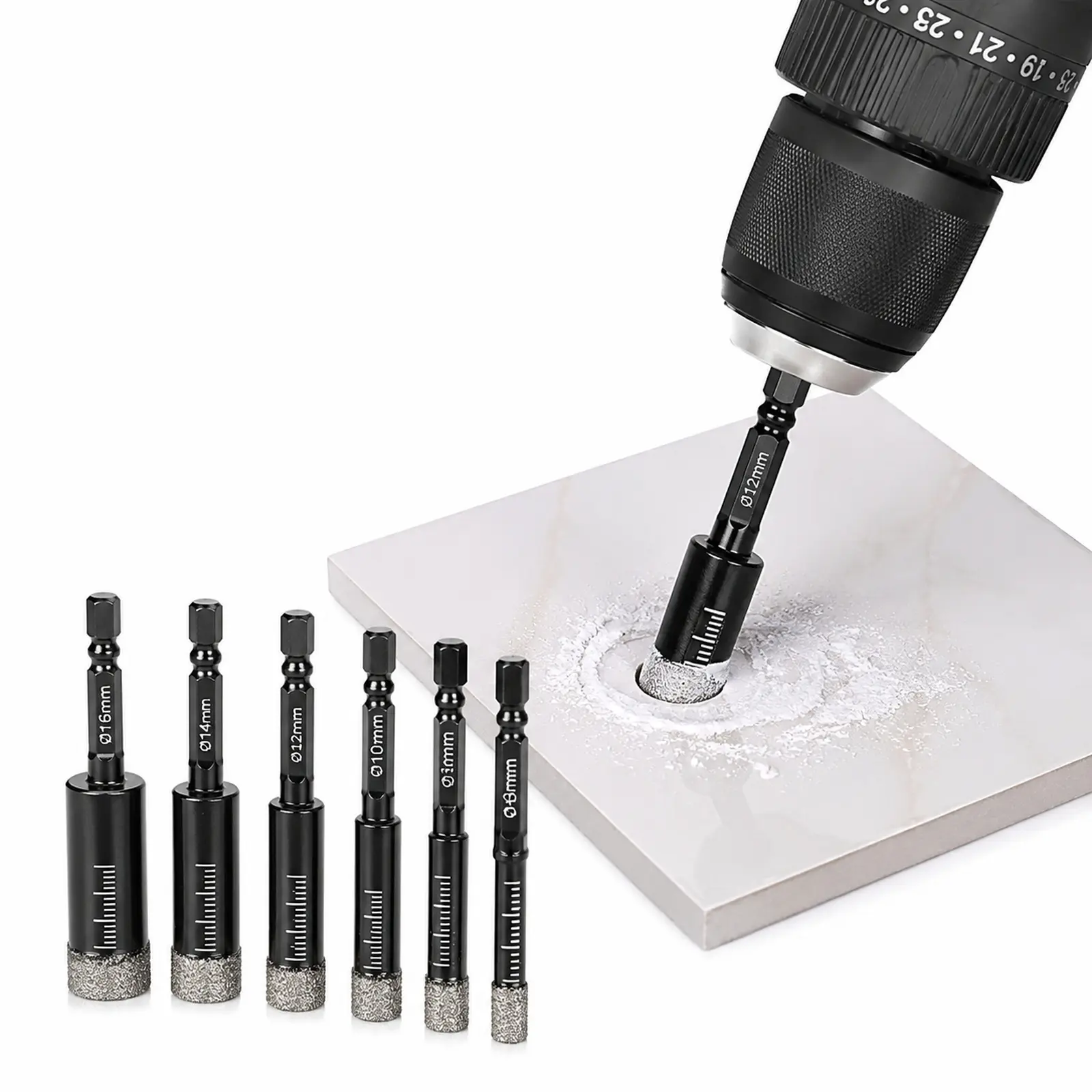 6PCS Diamond Coated Drill Bit Set, Multi Size Hole Saw Bits for Tile, Ceramic, Glass, Granite and Marble, Precision Drilling Accessories for DIY Home Improvement Projects.