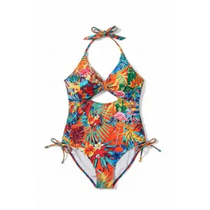 2026 New Plus Size Swimsuit For Women - Halter One Piece Bathing Suit Tropical Print Adjustable Tie Sides UPF 50+ Comfortable Swimwear 12-30