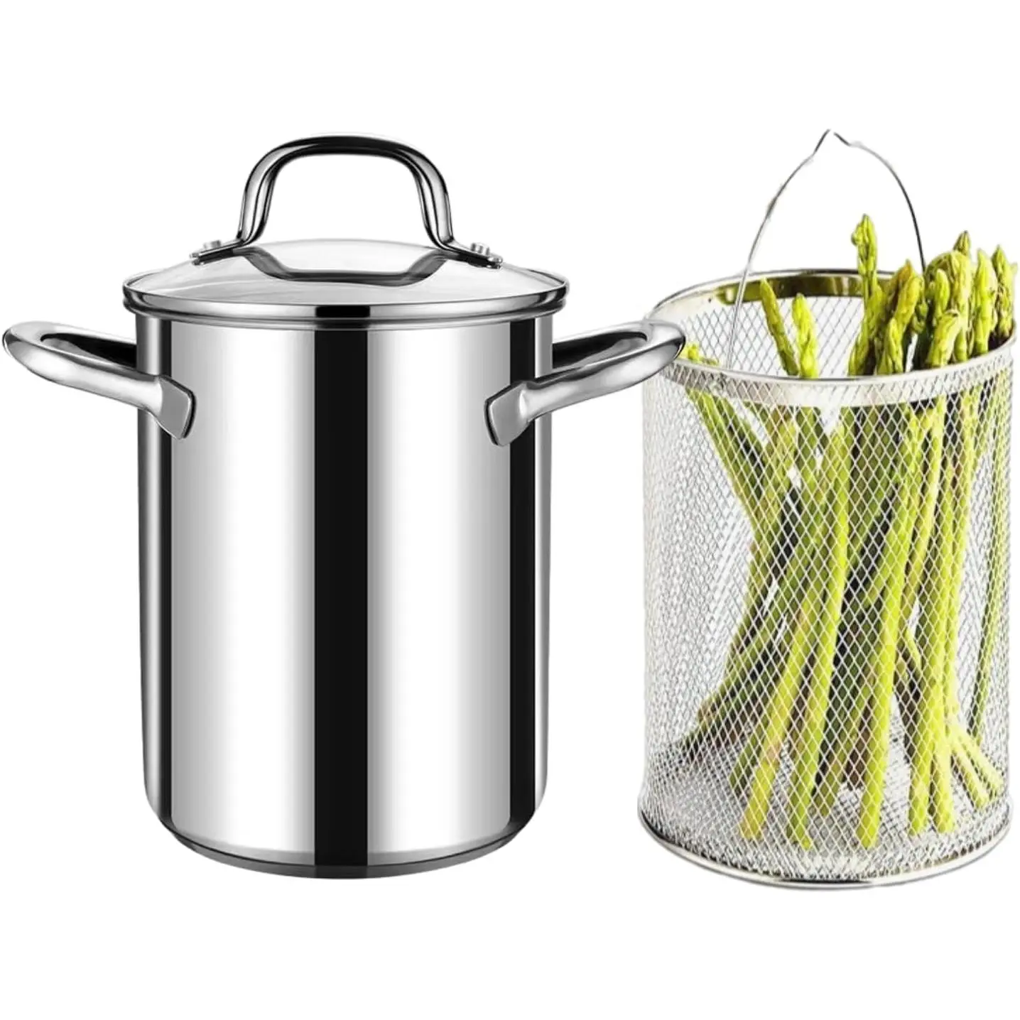 Stainless Steel 4L Asparagus Steamer Pot, Pasta Cooker with Strainer, Deep Fry Pan for Spaghetti and French Fries