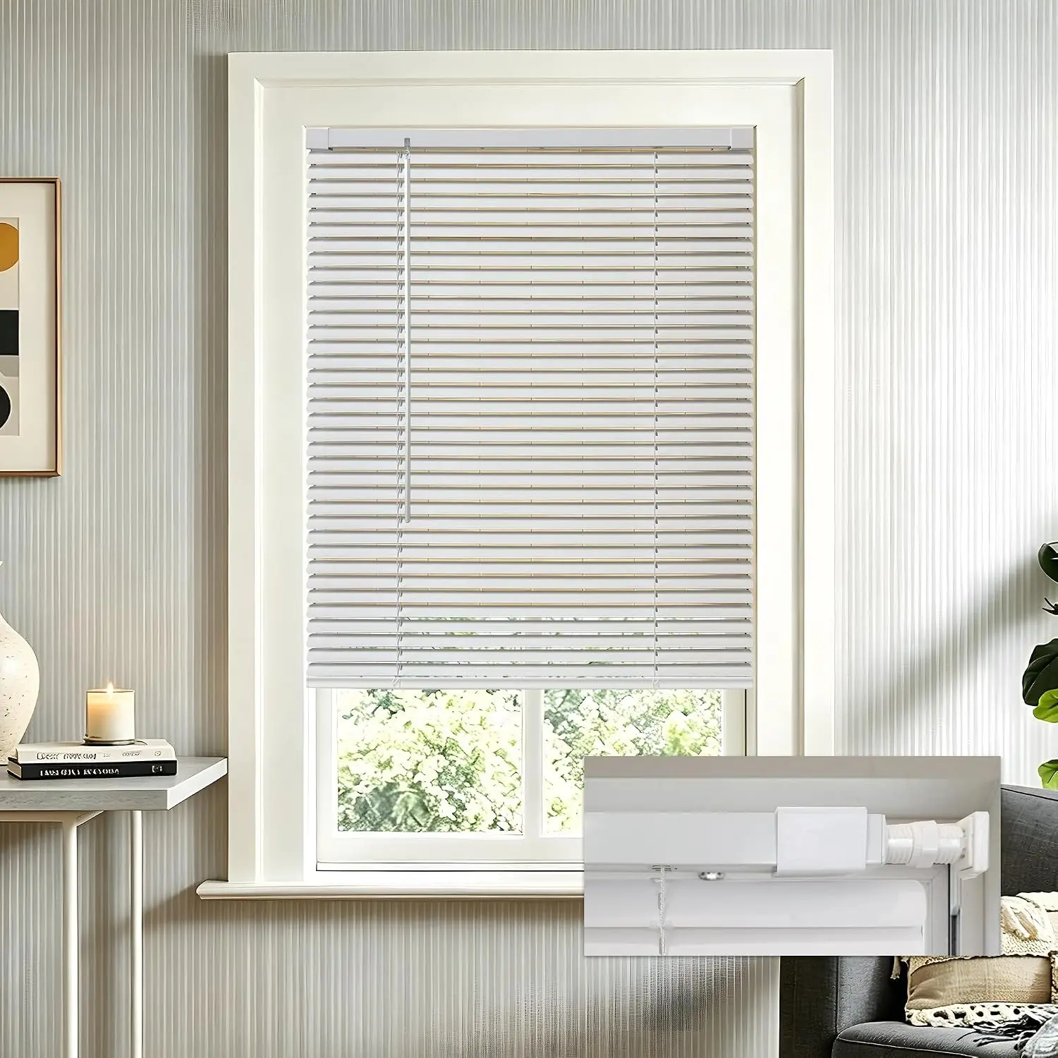No Tools No Drill 1" Cordless Mini Horizontal Light Filtering Vinyl Blinds for Indoor Windows 22.5" W x 72" H, White