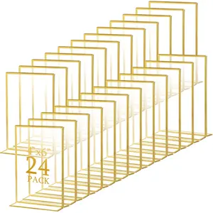 Set of 24 Golden Acrylic Display Stands, Double-Sided Clear Frames for Showcasing Table Numbers, Menus, Photos, And Artwork at Weddings And Restaurants (Vertical Orientation, 4 X 6 Inches)