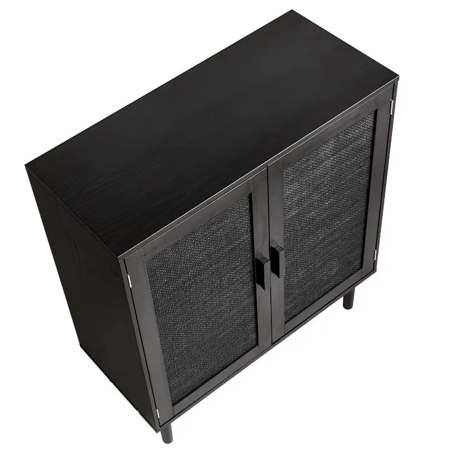 VEVOR Black Rattan Storage Cabinet - 2 Magnetic Doors, Adjustable Shelves, Wooden Legs, Power Cord Hole - Accent Sideboard Buffet for Living Room, Hallway, Entryway