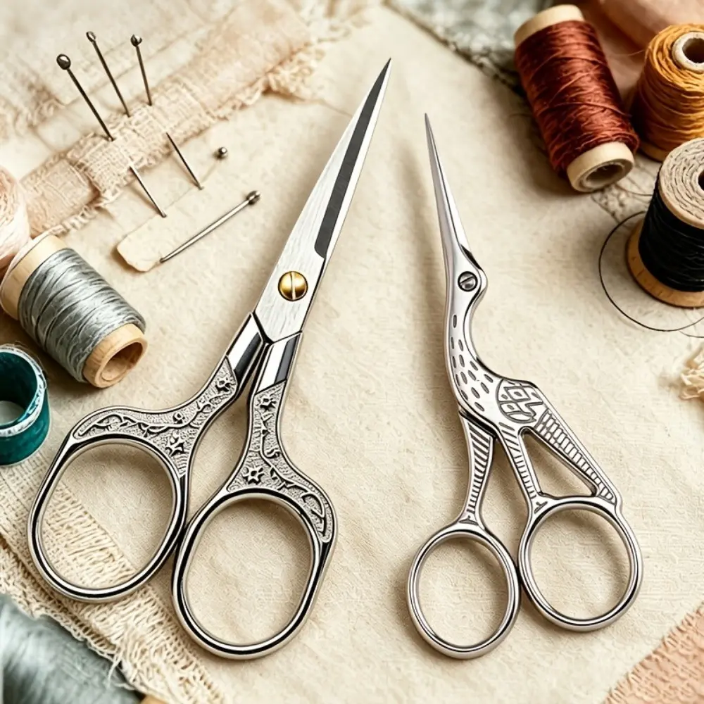 2-Piece Vintage Carved Stainless Steel Handmade Small Scissors Set, Crane Shape Portable Embroidery Paper Cutting Scissors, Home Sewing Thread Trimming Craft Scissors, Craft Cutting Tool