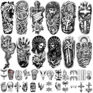 77 Sheets Christian Cross Temporary Tattoo for Women Men, 17 Sheets Half Arm Large Religious Jesus God Fake Tattoos, 60 Angels Black Christ Tiny for Adult Kids Body Tattoos Stickers Realistic