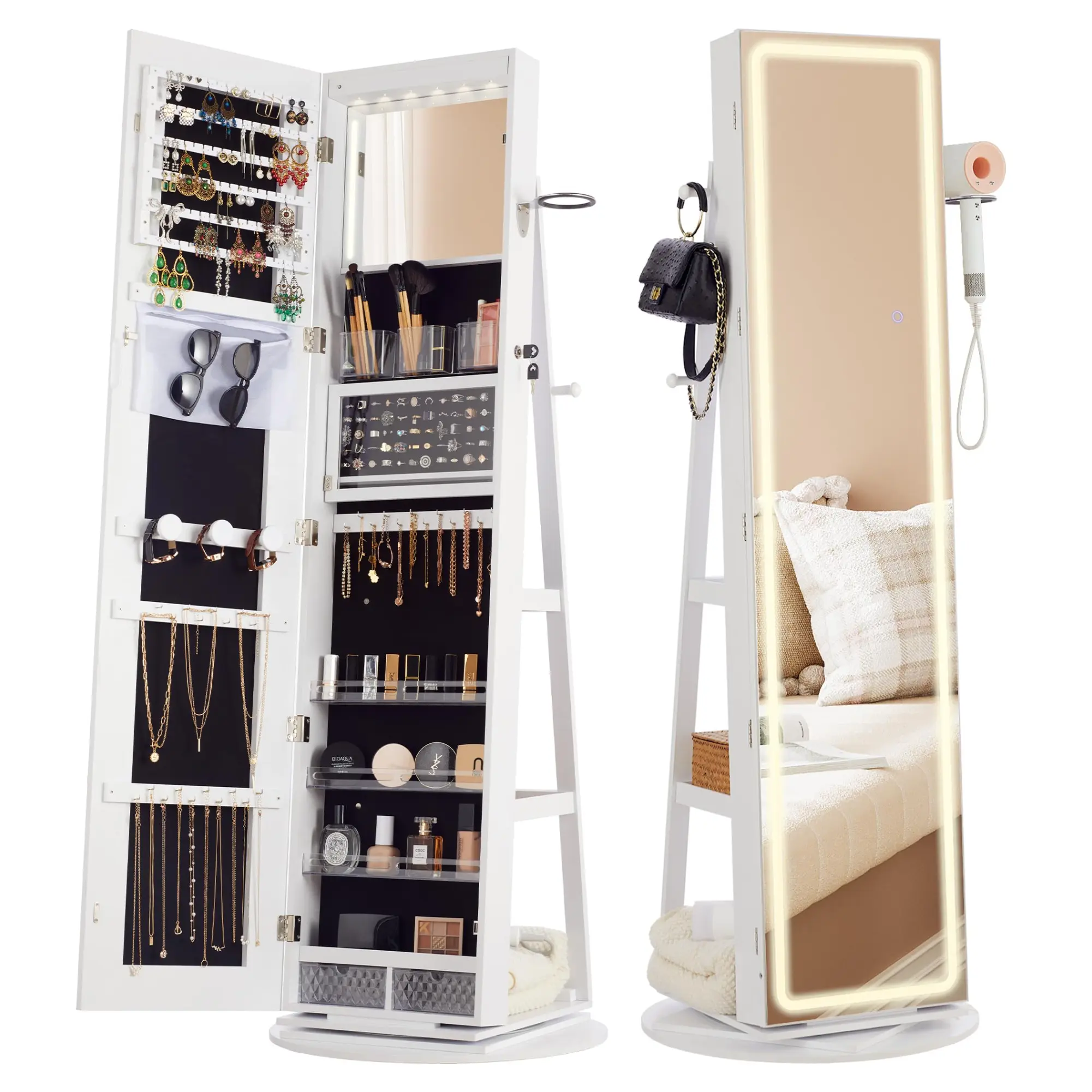 IRONCK 360° Swivel Lockable Standing Jewelry Cabinet with Adjustable Lighted Mirror, Charging Station, Rear Storage Shelves, Interior Mirror, LED Lights, Earring Organizer