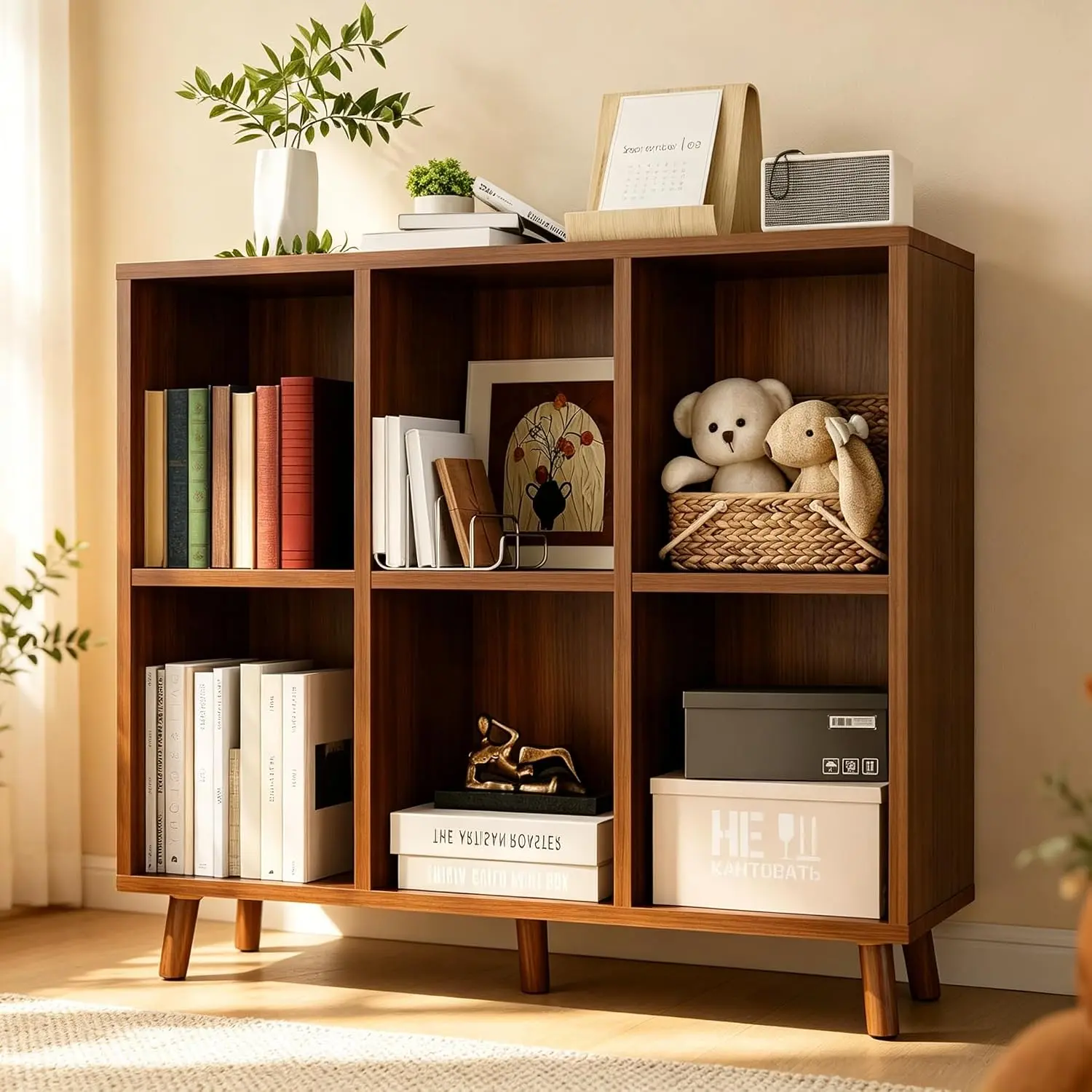 Gaomon 6-Tier Mid-Century Modern Crisscross Grid Bookshelf, Rustic Brown Engineered Wood Cube Storage Organizer with Wood & Anti-Tipping Legs, Retro Look Single Unit Open Bookcase for Living Room, Home Office
