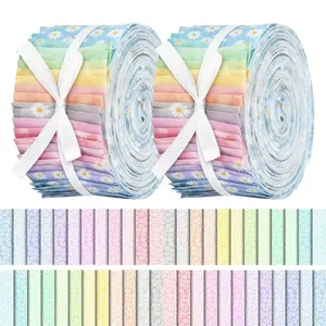 40Pcs Pastel Daisy Fabric Strips 2.55x19.7 Inch Precut Quilting Patchwork Fabric Bundle Assorted Patterns for Doll Clothes and Creative Sewing Projects