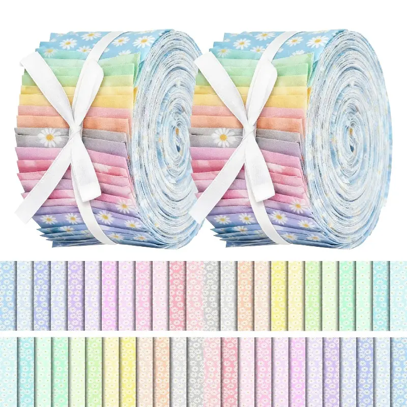 40Pcs Pastel Daisy Fabric Strips 2.55x19.7 Inch Precut Quilting Patchwork Fabric Bundle Assorted Patterns for Doll Clothes and Creative Sewing Projects