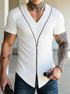 INCERUNSHOP Men's Fashion Solid Color Textured Polyester Fabric Zipper V-Neck Short Sleeve T-Shirt Top, Summer Casual Streetwear Daily Wear, Simple Style Menswear, Casual Streetwear Tops