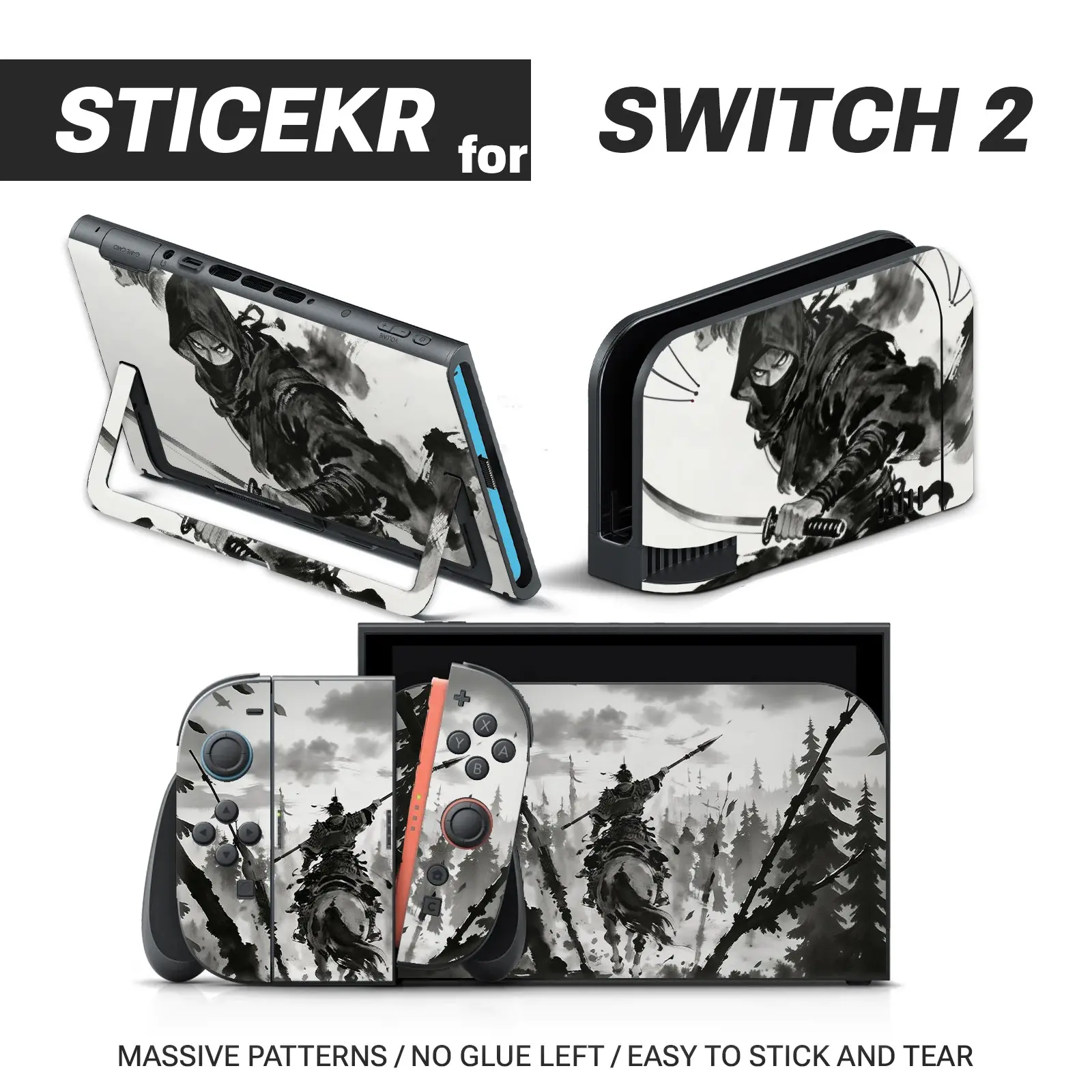 Black White Ink Warrior Pattern Vinyl Skin Sticker Decal for Switch 2, Full Wrap Console & Controllers, Waterproof, Scratch Resistant, Durable, Removable Without Residue