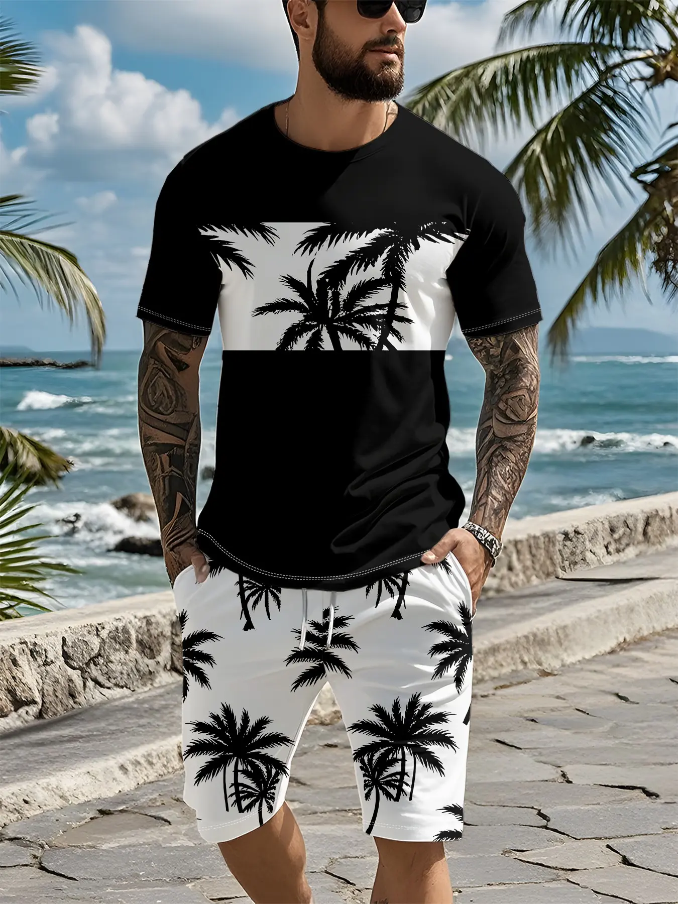 Two-piece set with 3D digital print featuring coconut tree silhouettes, black top with white horizontal stripes, vacation-style casual wear, 2Pcs, trendy fashion suit, trendy retro casual two-piece outfit, fashionable vacation wear, breathable sporty casu