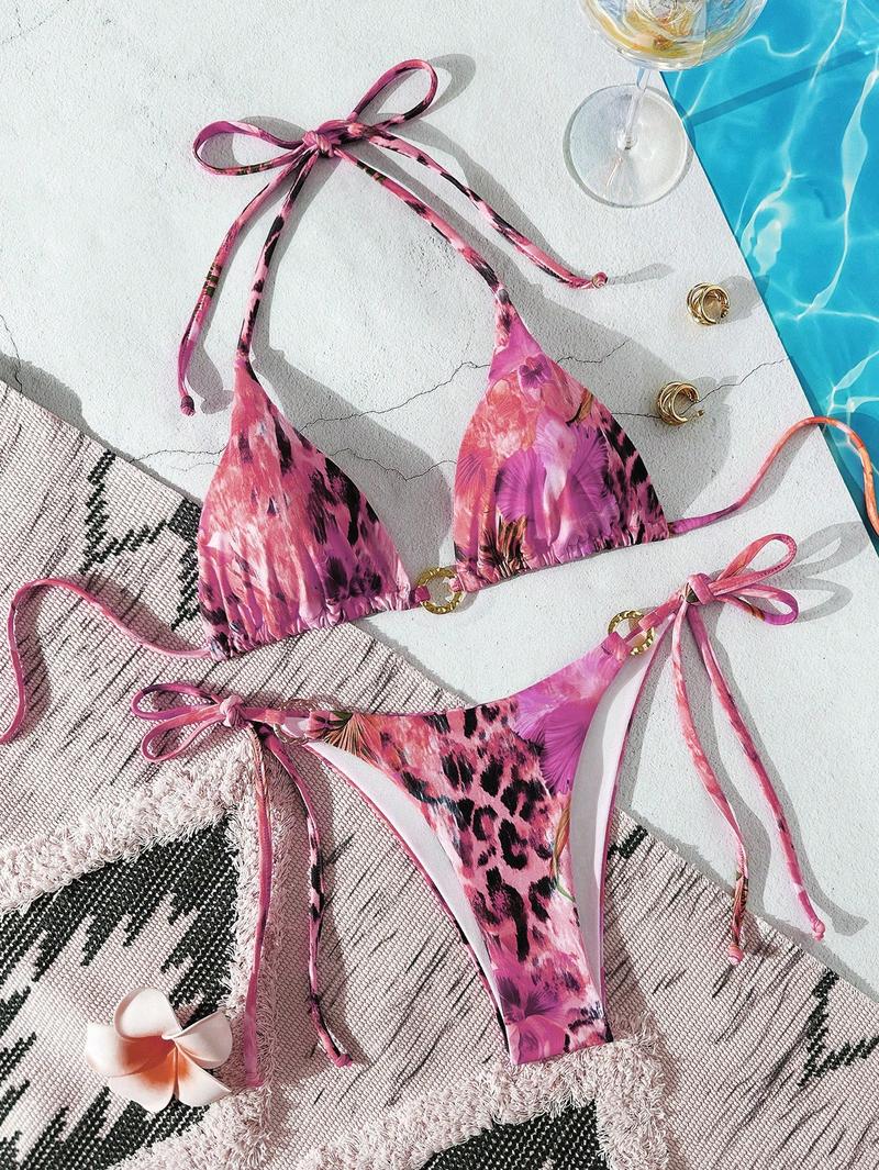 Casual Tie-Dye Printed Bikini Metallic Decoration Swimsuit High Waist Spaghetti Strap Swimsuit Set fashion nova outfits women's summer outfits beach outfits