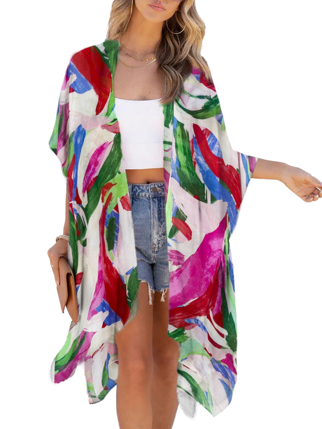 Women's All Over Print Batwing Sleeve Kimono, Casual Open Front Kimono, Ladies Summer Swimwear for Beach Vacation Holiday, Bold Colors and Designs, Womenswear