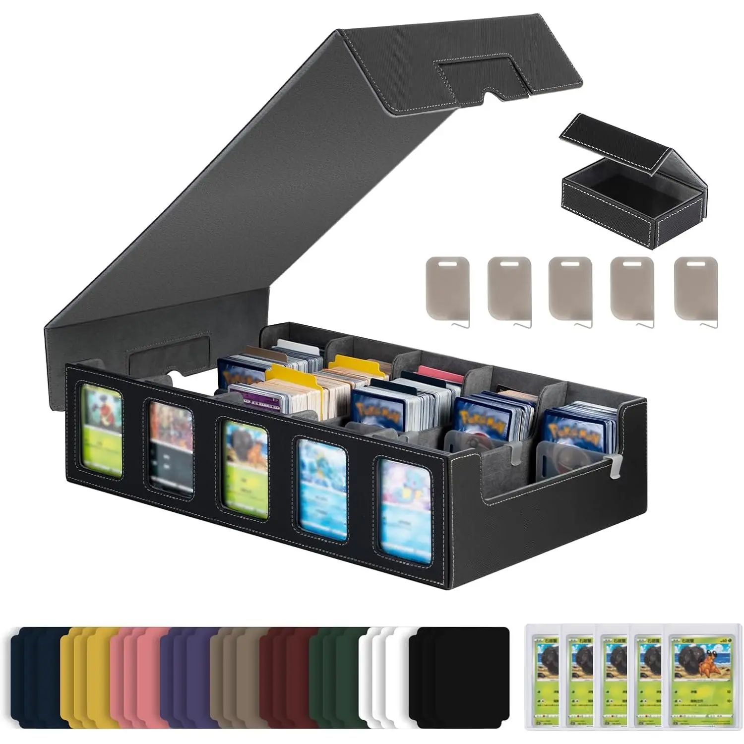 Trading Card Storage Box with Commander Display, 5-Row Deck Case with Removable Lid & Handle, 4000+ Card Organizer with 48 Colorful Dividers & 5 Stoppers  MTG, Black & Grey