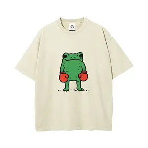Unisex Plus Size Summer Washed Graphic Tee, Cute Green Boxing Frog With Red Gloves Cartoon Front Print, 100% Cotton Round Neck Casual Oversized T-Shirt, Men Women Y2K Streetwear Top