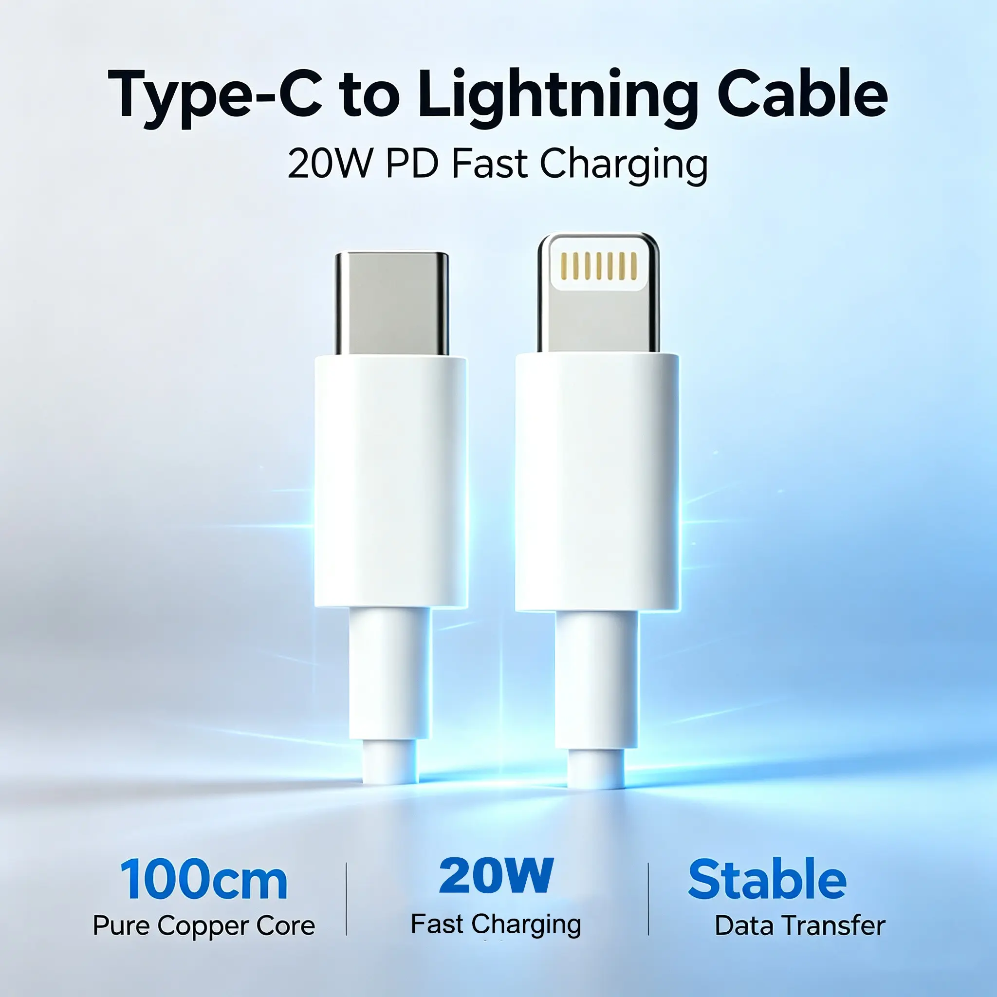 100cm Apple Lightning Data Transfer & Charging Cable, 20w Fast Charge, Pure Copper Core, Compatible with Apple Devices, Type-C & Lightning Port
