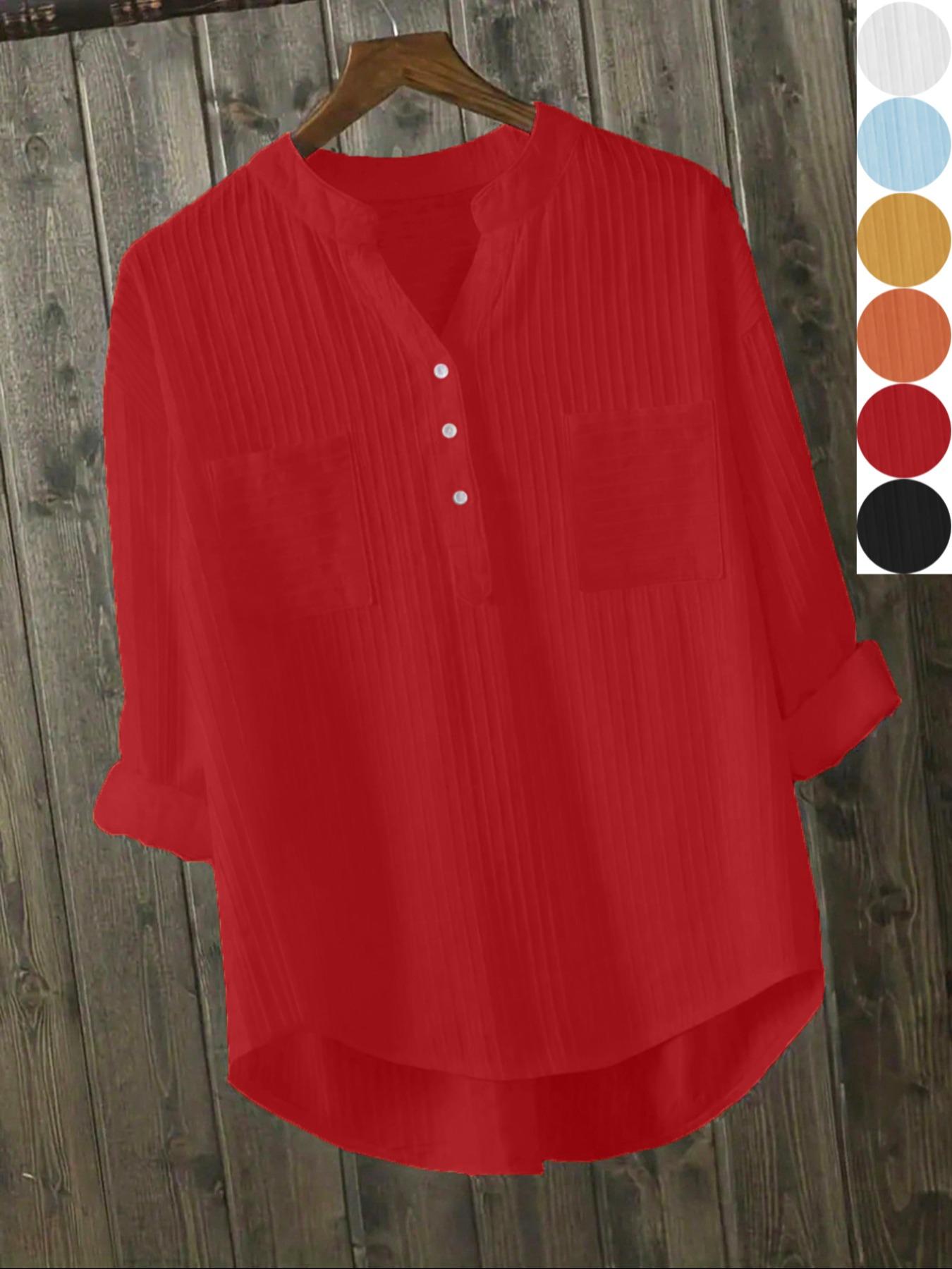 Women's Plain Button Front High Low Hem Shirt Blouse, Casual Long Sleeve Notched Neck Top for Daily Wear, Ladies Clothes for All Seasons