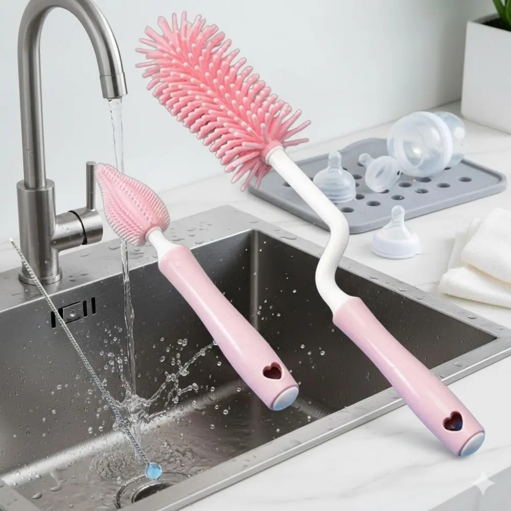 Silicone Baby Bottle Brush Set - Food-Grade Bendable Bottle & Nipple Cleaner, Mold-Proof Durable Brush with Wide Base, Reaches Hidden Spots, Essential Newborn Feeding Cleaning Tool for Home