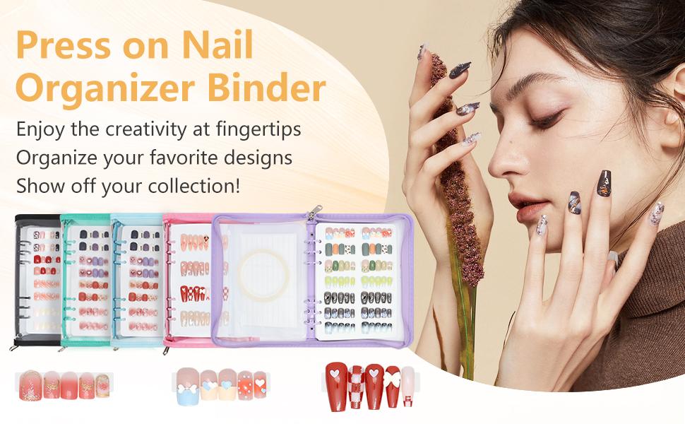 Press On Nail Storage Organizer Binder with 8 Insert Pages - A5 Size Reusable Fake Nail Swatch Collecting Book Polish Color Display Holder Container with Tape and Zipper Pocket (PINK)