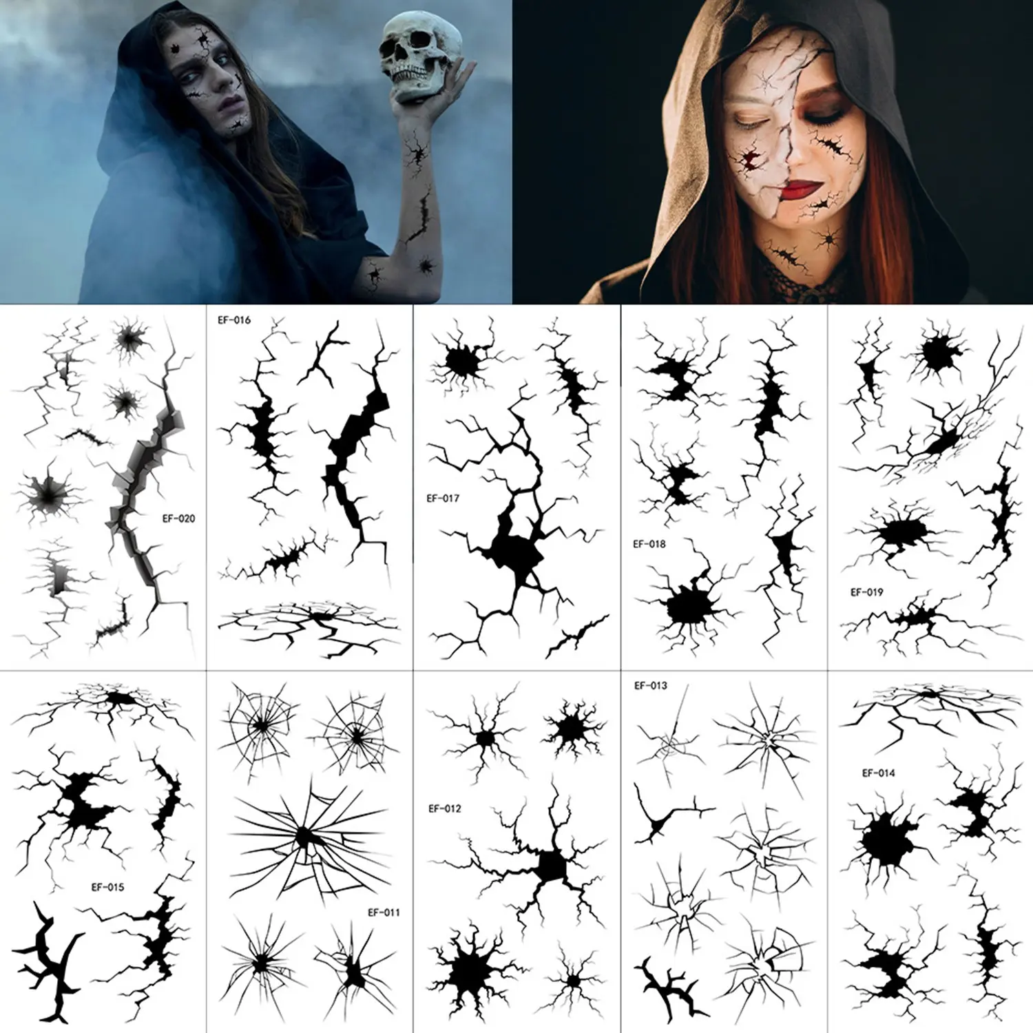 10 Pieces Halloween Broken Crack Face Temporary Tattoos, Waterproof Horror Face Body Stickers, Spider Web Doll Tattoos, Cosplay Party Makeup