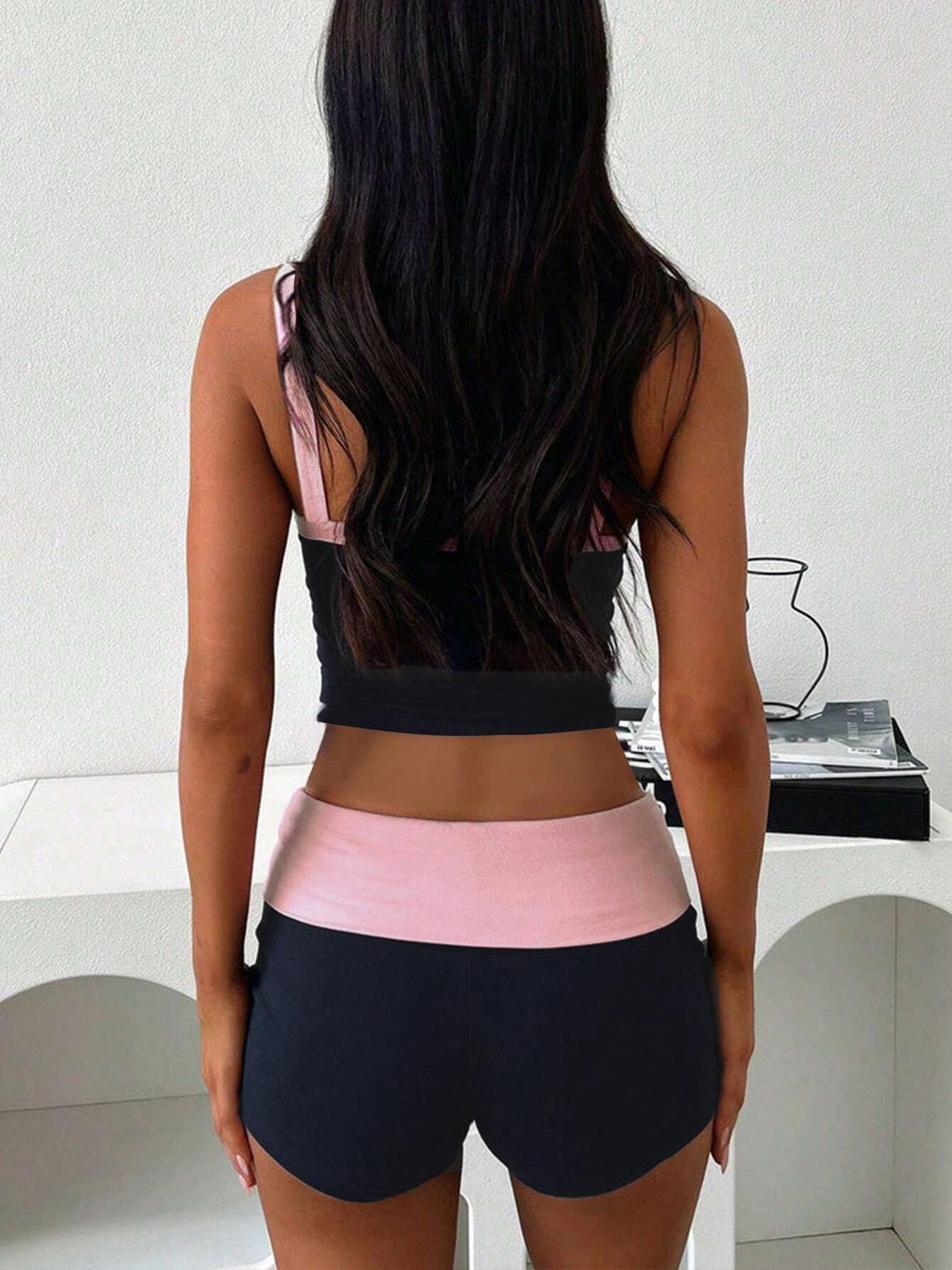 Women's Colorblock Crop Tank Top & Shorts Set, Sporty Casual Two-piece Outfits for Summer, Women's Clothing for Indoor Outdoor Wear, Sporty Style Clothes