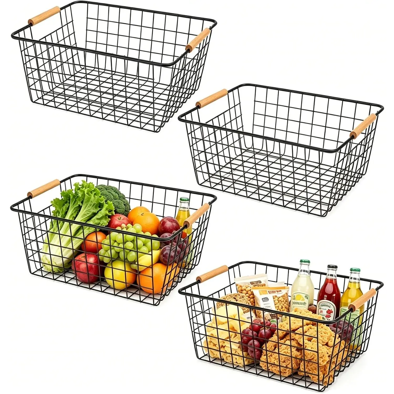4 Pack Black Metal Wire Storage Baskets, Pantry Baskets for Organizing, Wire  Storage Basket Organizer with Wooden Handles for Kitchen, Pantry, Freezer - 29 x 22 x 12cm