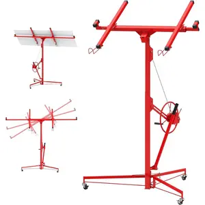 16 Ft Drywall Lift Panel Rolling Hoist Jack Lifter Sheetrock, Drywall Lifting Construction Tools Caster Wheel with Adjustable Telescopic Arm & 360° Swivel & Locking Wheels, Red