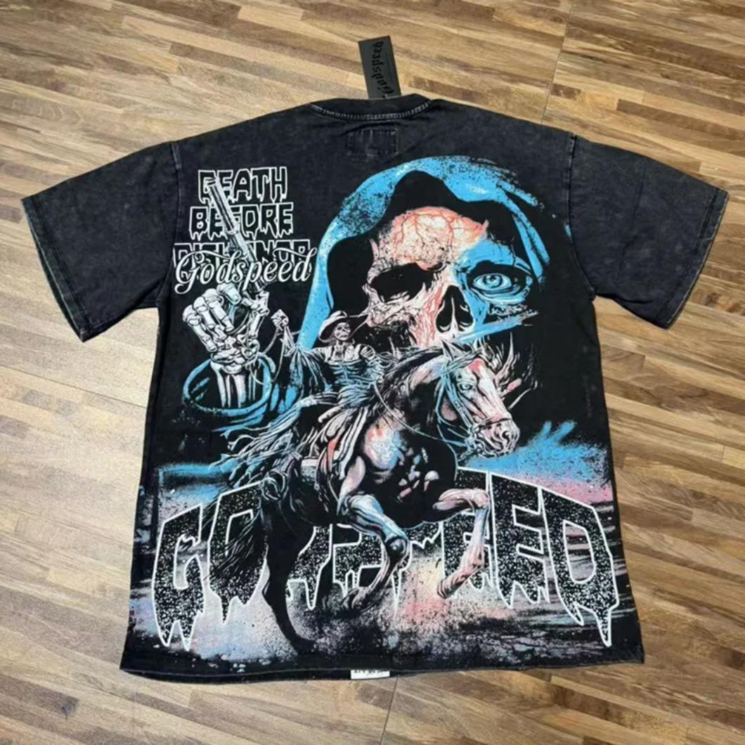 Real Photo Original Label Ripped Hot Drill Godspeed Short Sleeves T Shirt American Cotton Vintage Washed Rhinestone Bling Oversized Loose Unisex Round Neck Streetwear Hip Hop Y2K Casual Tops Tees With Tags For Men Women