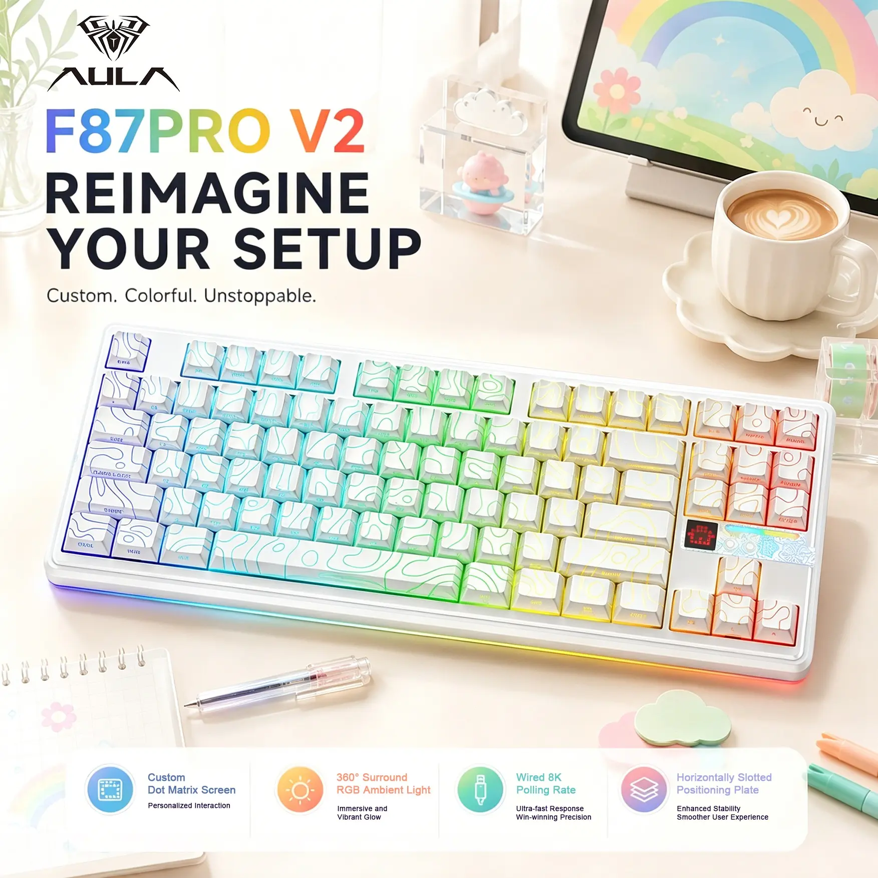 AULA F87Pro V2 87 Keys Gasket Rechargeable Mechanical Keyboard, Custom Pixel Display, 360° Surround RGB Lighting, PBT Keycaps, Wireless Hot Swappable Desktop Keyboard, Gift for Gamers
