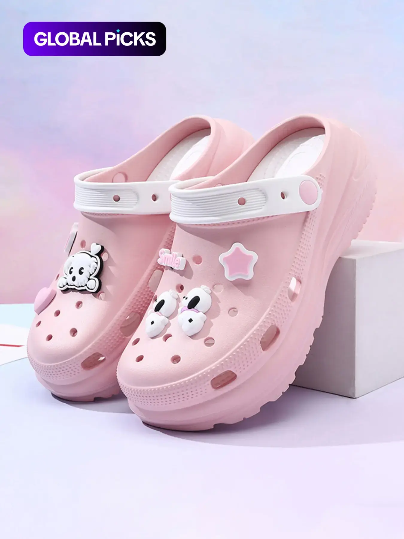 Women's Pink Cute Cartoon Decorated Clogs, Casual Comfortable Non-slip Clogs for Indoor Outdoor Wear, All-match Clogs for Daily Wear, Walking Shoes, Breathable Sandals, Thick Sole Slippers, Affordable Slippers #GLOBAL PICKS