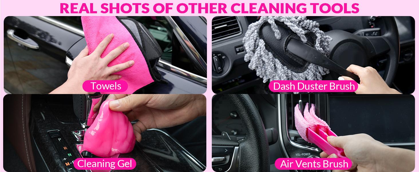 Car Cleaning Kit, Car Vacuum Detailing Kit Interior with High Power Handheld Vacuum, Including 7Pcs Detailing Brush Set, Windshield Cleaner, Pink Car Accessories for Women
