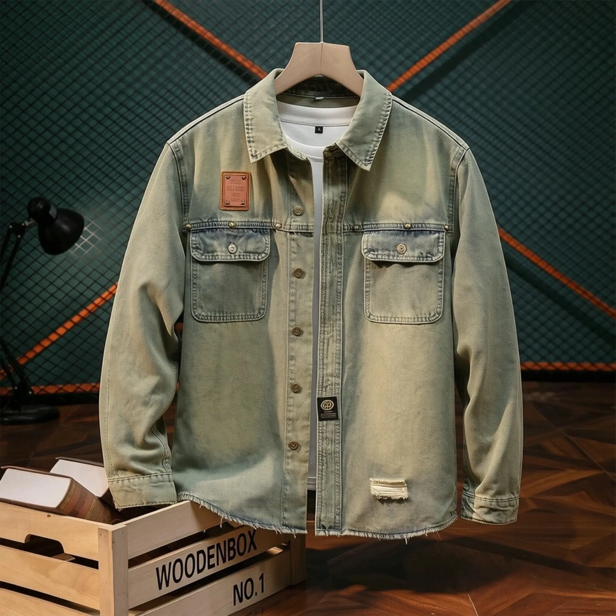 Men's High Cotton Vintage Green Washed Denim Shirt Jacket, Distressed Raw Hem Button Down Overshirt with Patches & Chest Pockets, Casual Streetwear Denim Overshirt Coat for Men