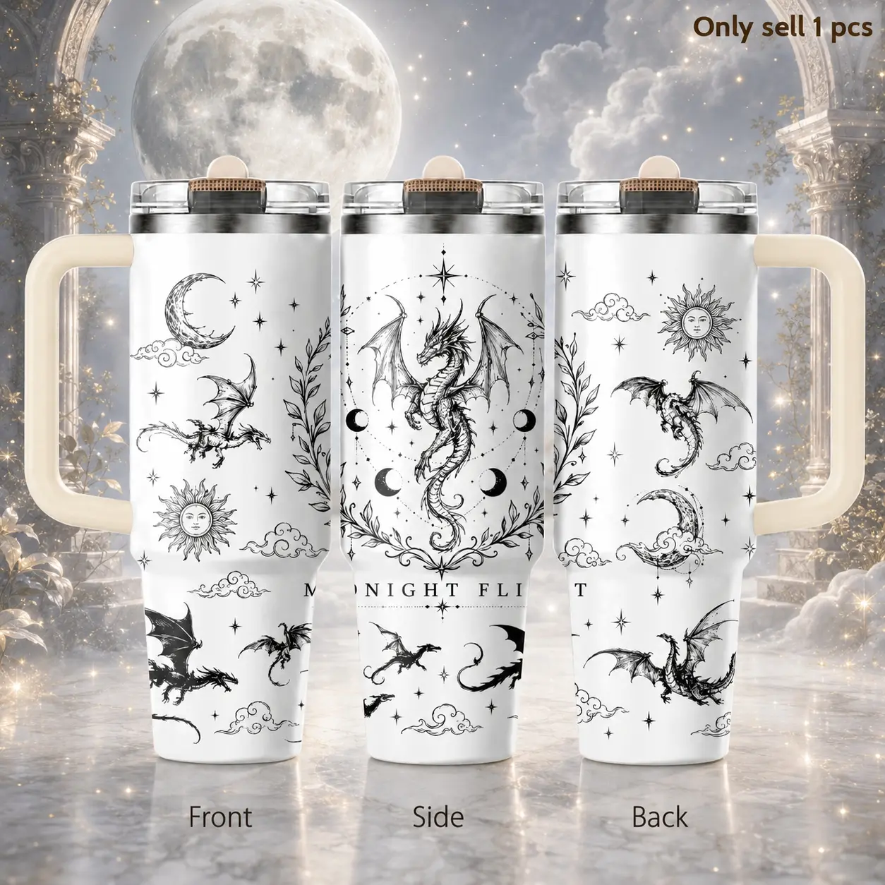 Dragon Shadow Starry Sky 40oz Tumbler – Fantasy Night Stainless Steel Insulated Travel Mug with Handle & Straw Lid for Coffee, Water, Office, Gym, Car, Mythical Dragon Lover Gift