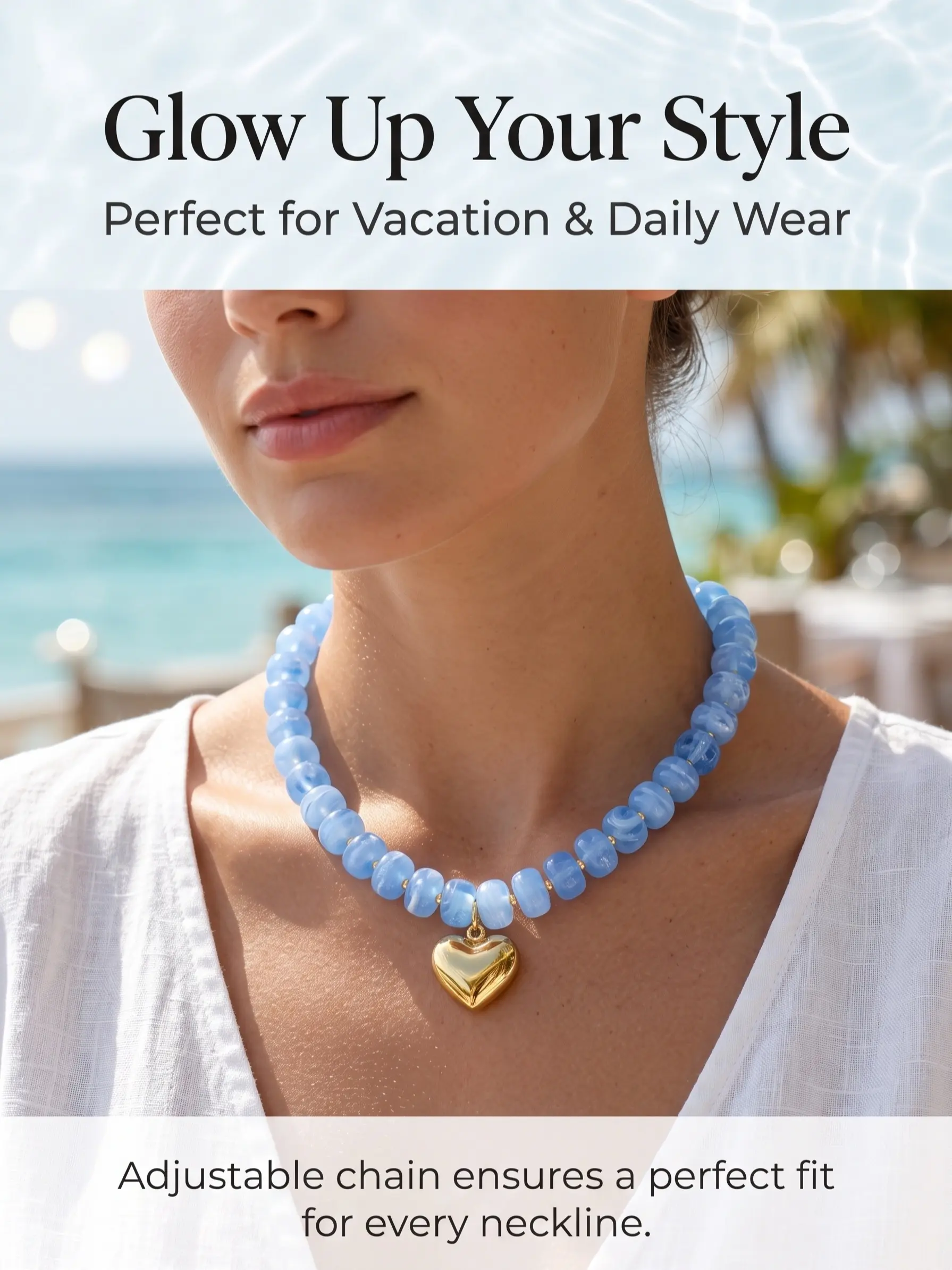 Ocean Heart Gradient Blue Bead Necklace, Acrylic Heart Choker, Thick Chain Bubble Heart, Sweet Cool Y2K Adjustable Design, Perfect Gift!