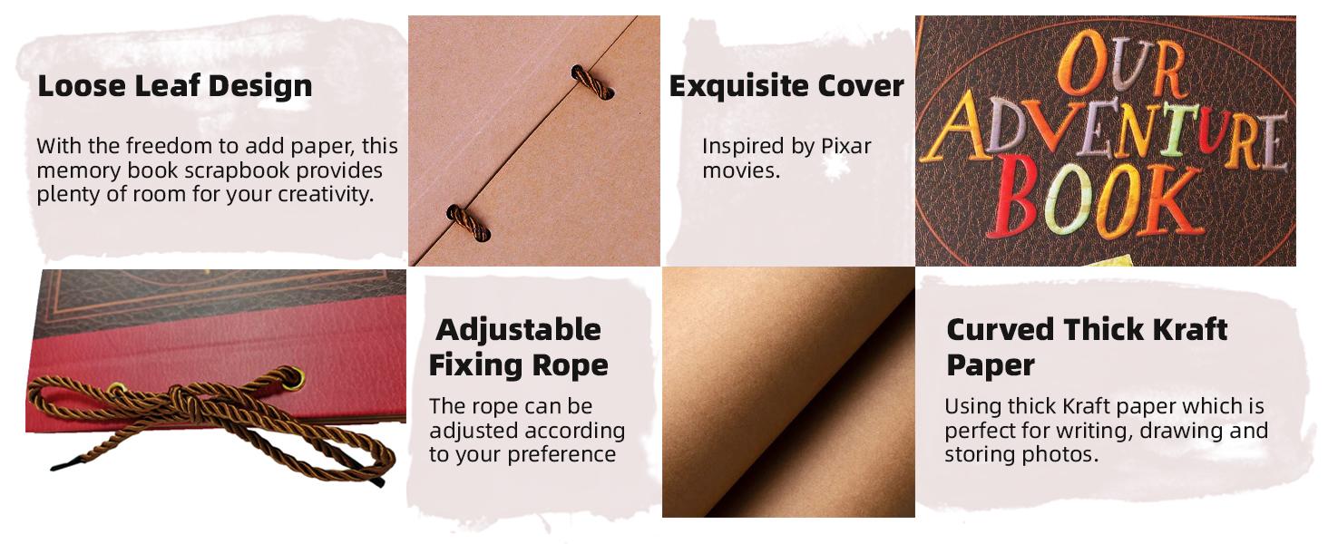 Scrapbook Photo Album,Our Adventure Book, Embossed Words Hard Cover Movie Up Travel Scrapbook for Anniversary, Wedding, Travelling, Baby Shower, etc (Adventure Book)