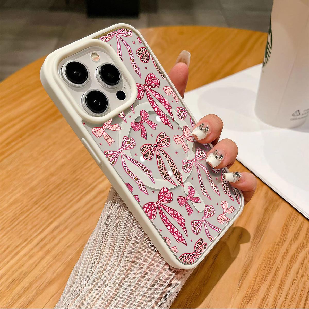 Leopard Bow Pattern Clear Magnetic Phone Case, Compatible with MagSafe Silicone Bumper Protective Cover For iPhone X 11 12 13 14 15 16 17 Pro Max Plus
