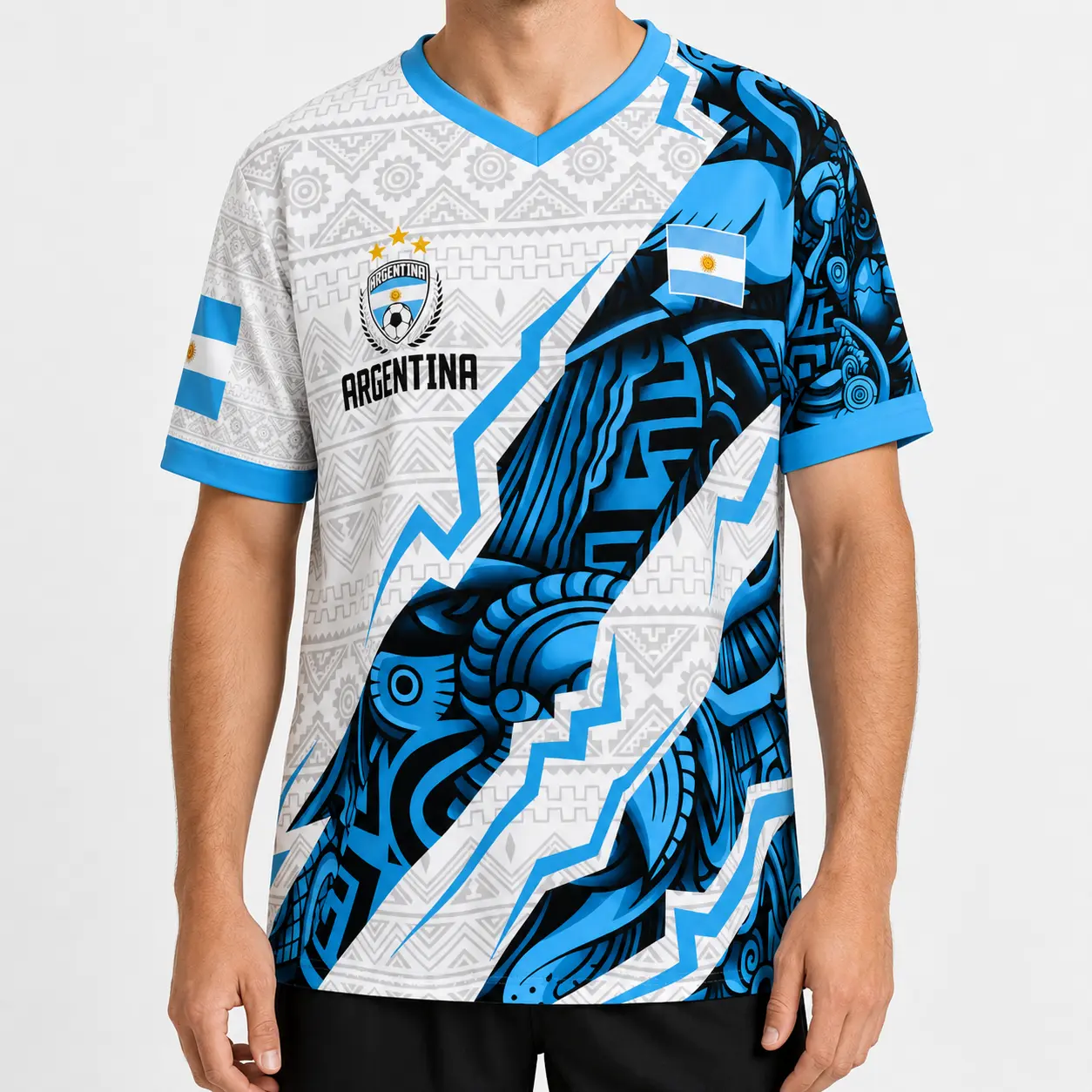 Argentina V-Neck Short-Sleeve Jersey Shirt - White Blue Tribal Graphic Men's Fan Tee , Men Women Short Sleeve Game Day Outfit, Summer Streetwear Sports Top，clothes，outfits，men's wear，men fashion，summer men clothes，fashion men clothes