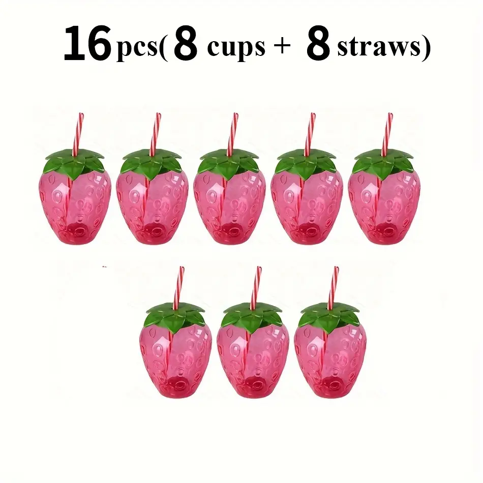 Set of 16 (8 cups and 8 straws) Cute strawberry cup set with straw, reusable plastic juice bottle, portable water bottles, Bpa Free Drinkware, perfect for outdoor picnics, family gatherings, birthday parties, and a great gift for summer celebrations